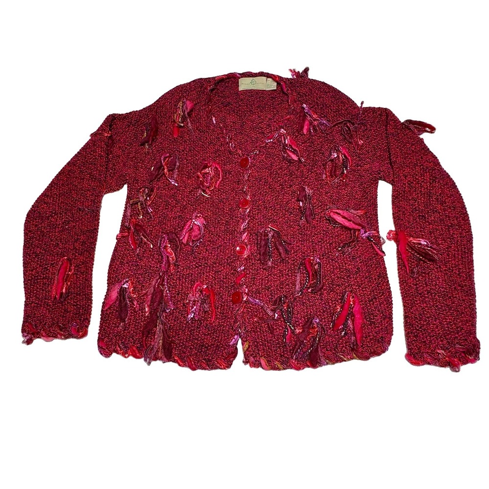 Design Options Sweater Red W Ribbon Fringe Shag Look VTG Sz M Philip Jane Gordon